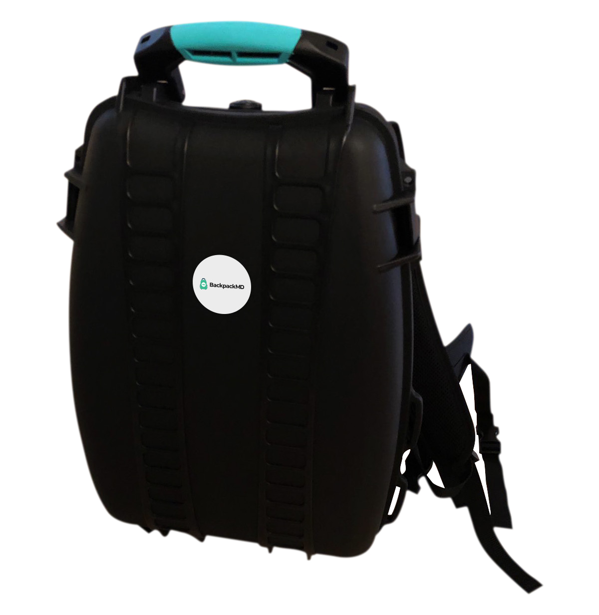 Open telemedicine backpack showing a rugged tablet, otoscope, pulse oximeter, stethoscope and blood pressure device